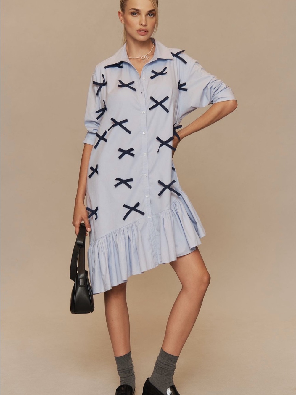 Maeve Light Blue Asymmetrical Shirt Dress with Navy Bow Details